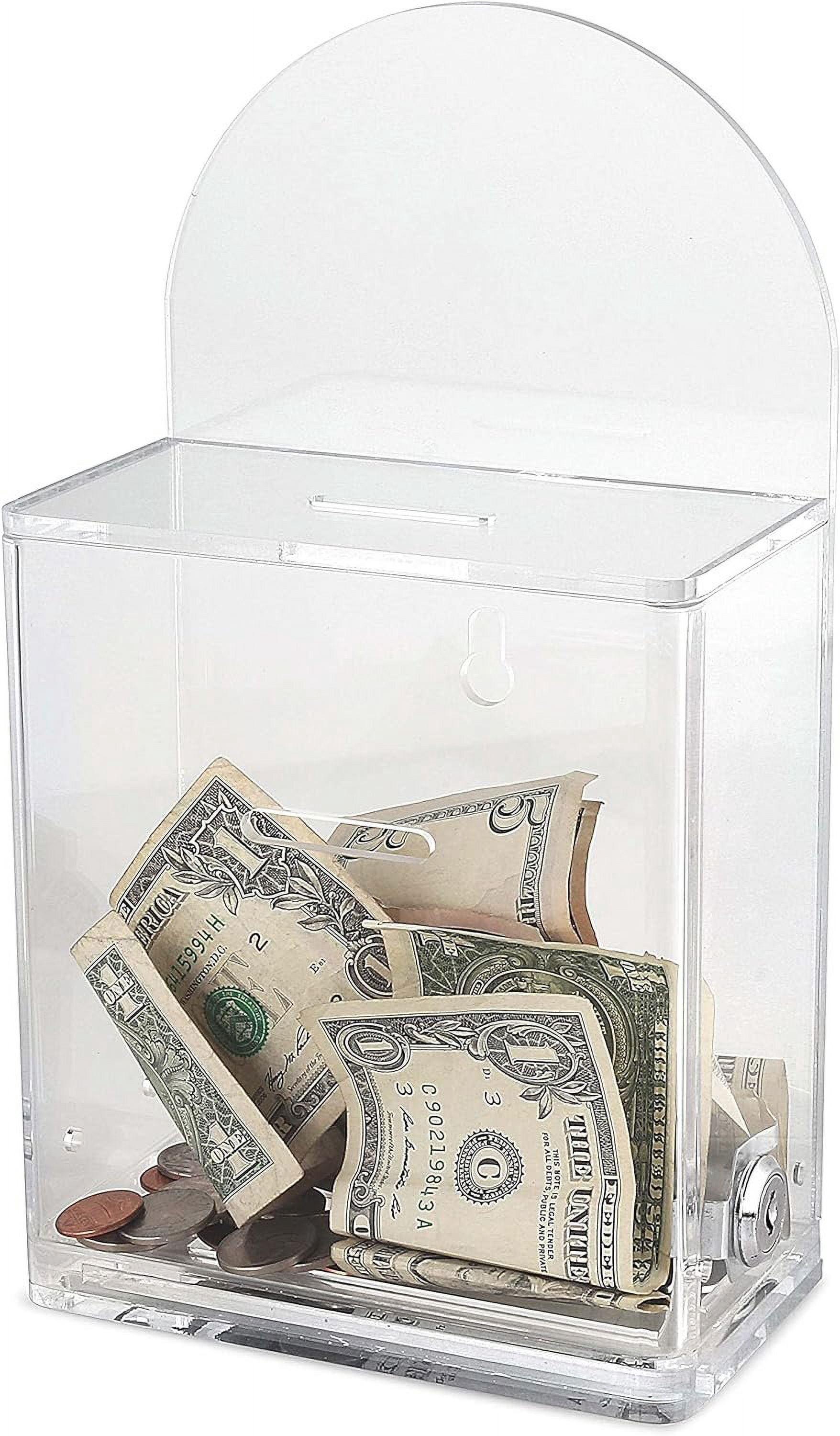 Acrylic Donation Suggestion collection Box Pre Drilled Holes For Wall mounted Or Retail Countertop Tip Box with round back wall display area 10 x 6 inches, Lock With set of keys Clear