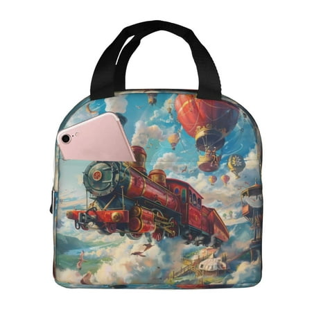Insulated Lunch Bag for Women Men - Beautiful Red Train Hot Air Balloon Leakproof Cooler Lunch Box for Women Men  Lunch Tote Bags for Work School Picnic Travel