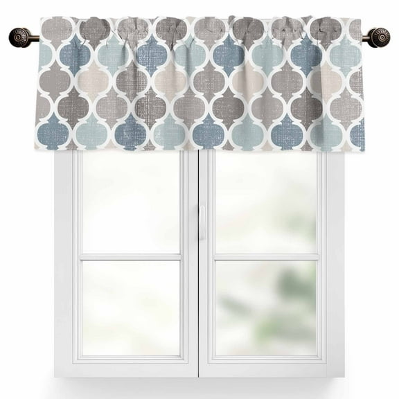 Blue Grey Valances for Windows, 54 x 18in, Morocco Geometric Plaid Rod Pocket Kitchen Valance Curtain Light Filtering Window Treatments for Living Room Bedroom, 1 Panel