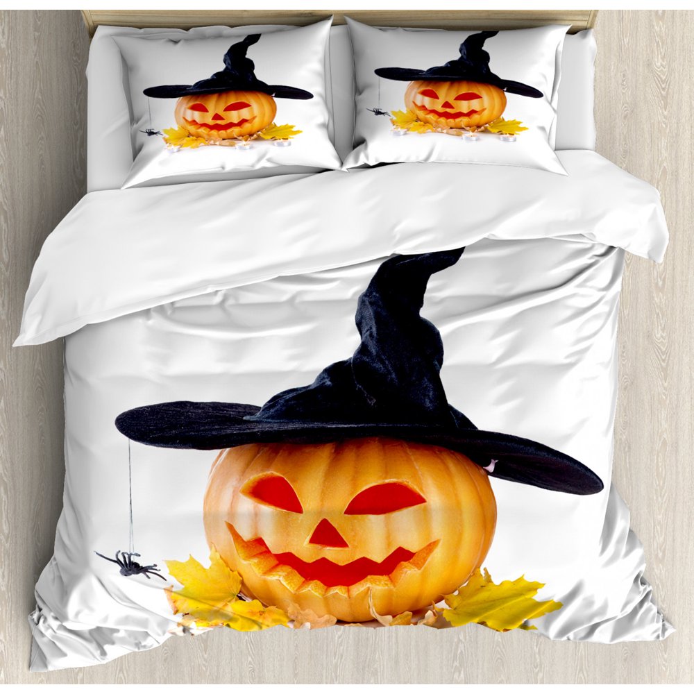 Halloween Duvet Cover Set Queen Size, Carved Pumpkin with Witch Hat and