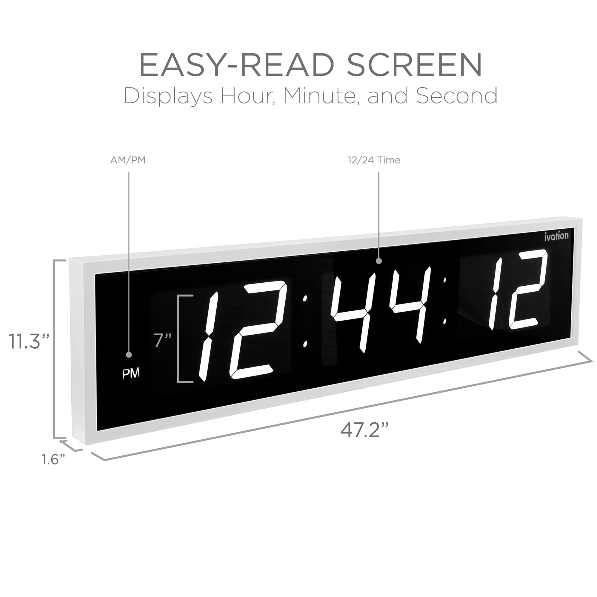 Ivation Large Digital Clock, 48" Led Wall Clock with Stopwatch, Alarms, Timer, Temp & Remote, White