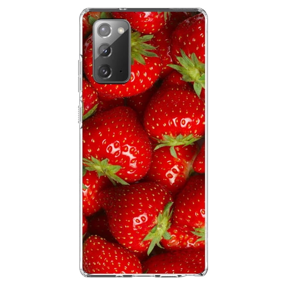 DistinctInk Clear Shockproof Hybrid Case for Samsung Galaxy Note 20 (6.7" Screen) - TPU Bumper, Acrylic Back, Tempered Glass Screen Protector - Bright Red Strawberries