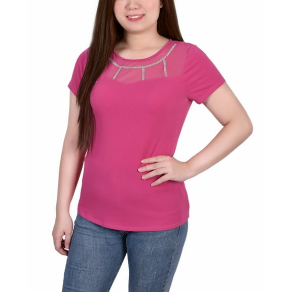 Petite Short Sleeve Crepe Knit Top Magenta PL