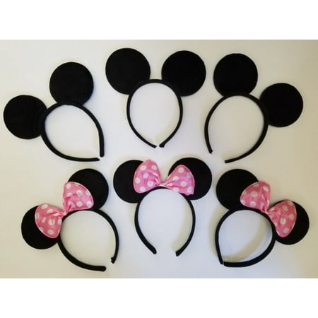 LWS LA Wholesale Store  12 Minnie Mouse Mickey Headband Black & Lt Pink Polk Bow Birthday Party Favors & ** 1 Free miniature figures