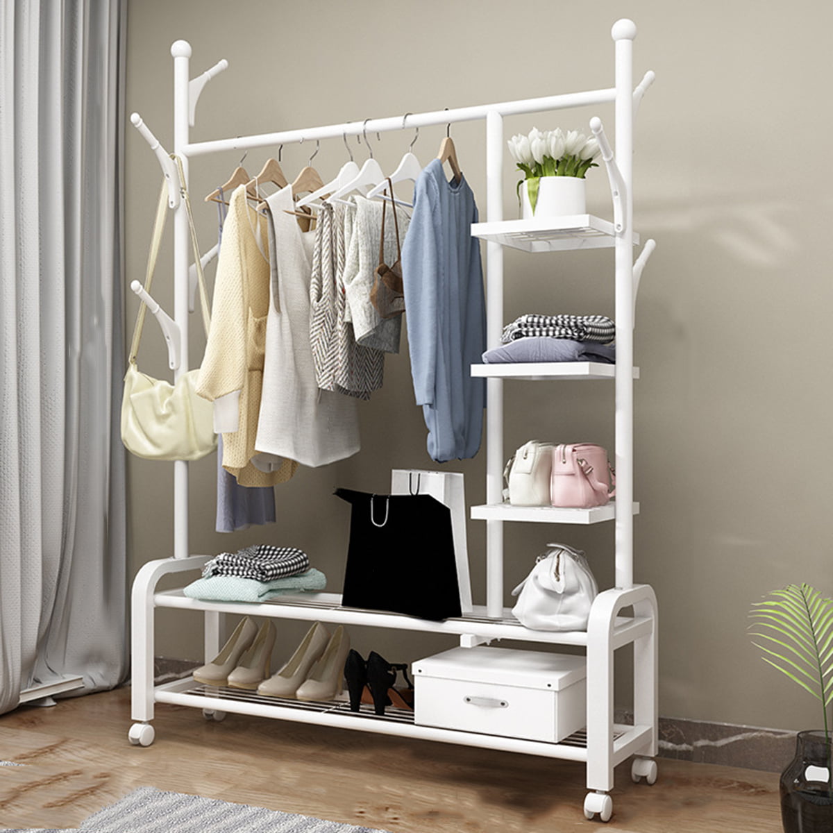 Metal Cloth Hanger Rack Stand Clothes Drying Rack for Hanging Clothes,with Top Rod Organizer Shirt and Lower Storage Shelf for Boxes Shoes Boots GISSAR Clothing Garment Rack with Shelves 
