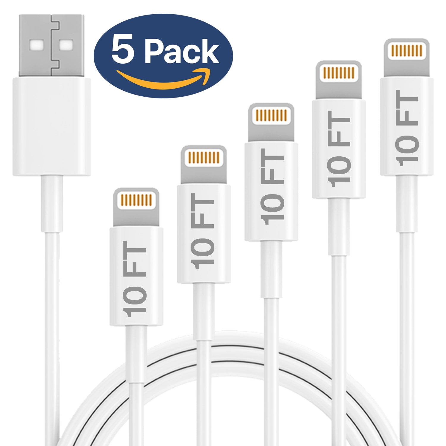 Terra Apple iPhone Xs, Xs Max, XR, X,8,8 Plus,7,7 Plus,6S,6S Plus, iPad Air, Mini, iPod Touch Set of 5 Apple Certified Lightning Charger Cable 10 Ft