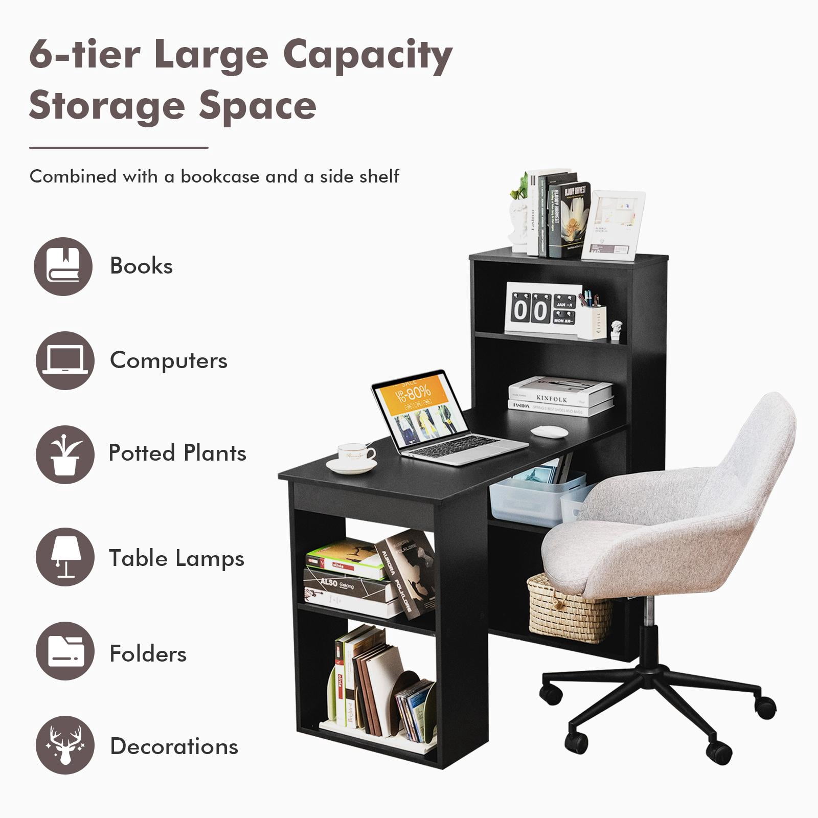 Giantex Computer Desk w/Bookcase, 48” Modern Compact Writing Desk, Reversible Study Workstation for Home, Office & Dorm, Easy Assembly, Black