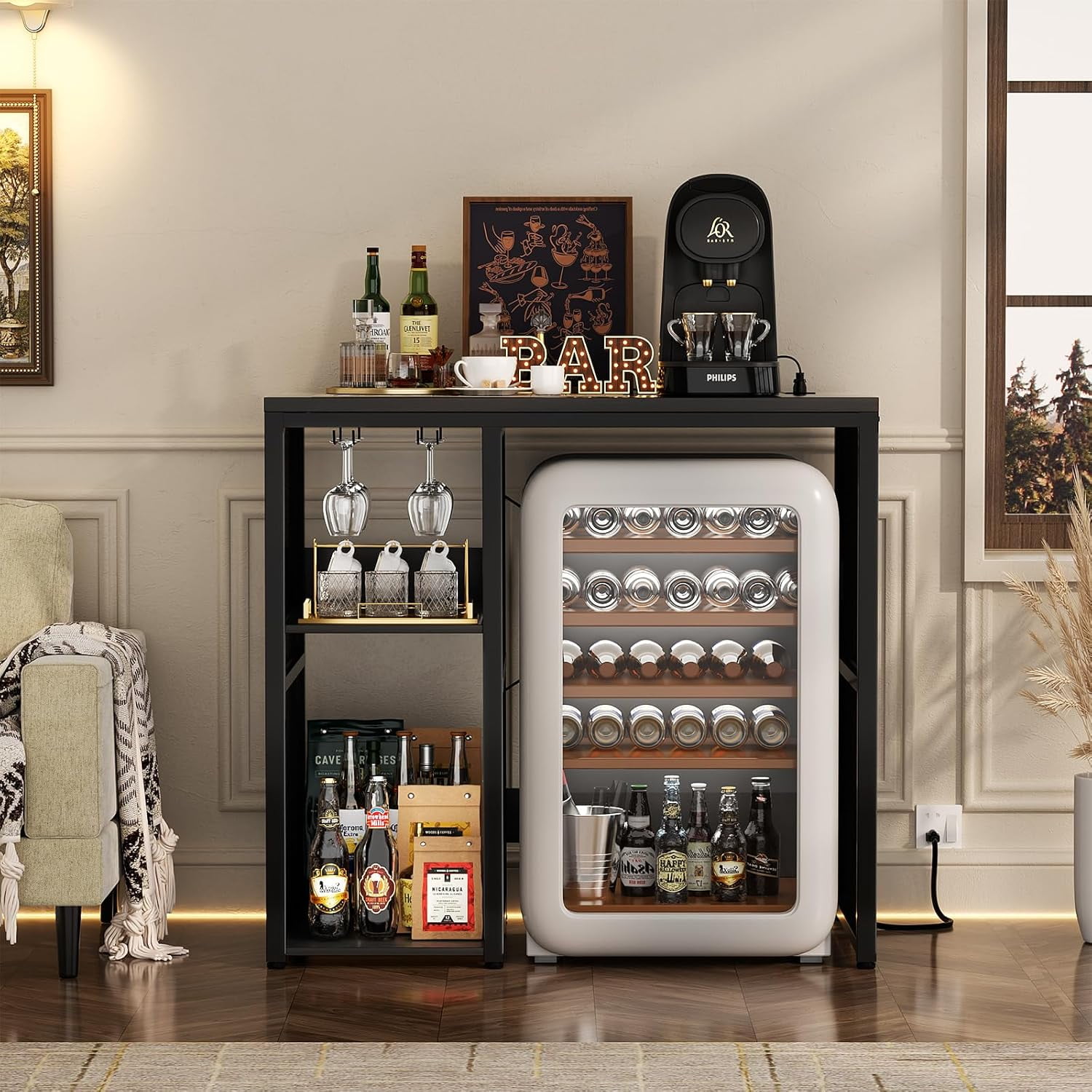 Homieasy Small Bar Cabinet with Mini Fridge Space, Coffee Bar Microwave Stand with Power Outlet, Bar Stand with Glass Holder for Kitchen, Dining, Black