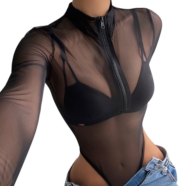 HBFAGFB Jumpsuit Womens Fashion Mesh See Through Zipper Long Sleeved Slim Fit Rompers Black Size S