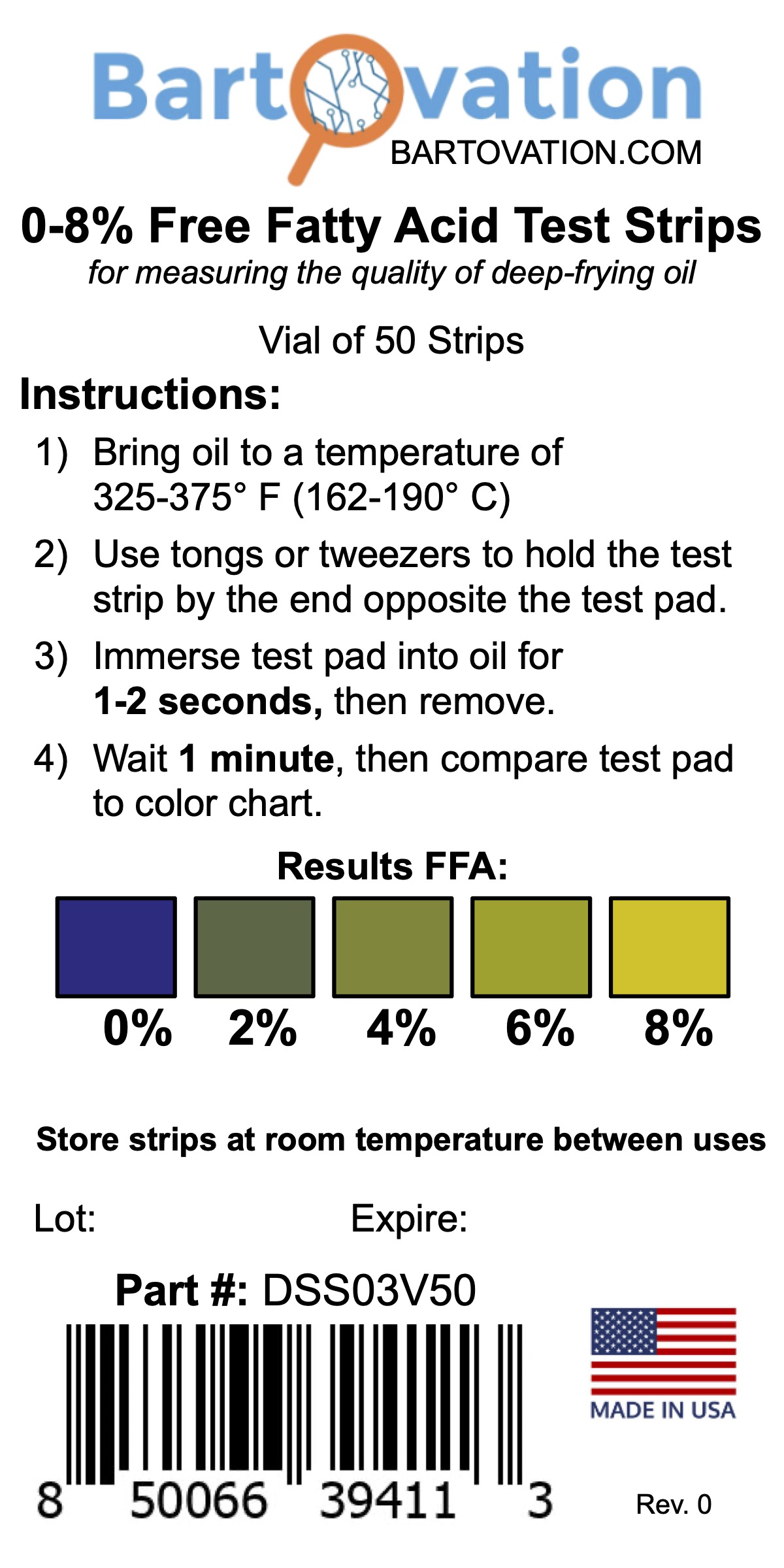 Free Fatty Acids 8% FFA Test Strips for Deep Frying Oil Quality, High Level [Vial of 50 Strips]