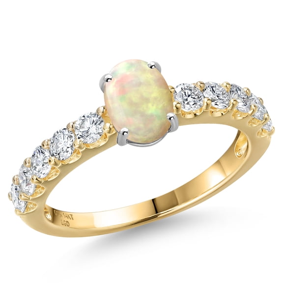 Gem Stone King 14K Two Tone Gold White Ethiopian Opal and Lab Grown Diamond Engagement Ring for Women | 1.16 Cttw | Oval Cabochon 7X5MM | Gemstone October Birthstone | Size 8
