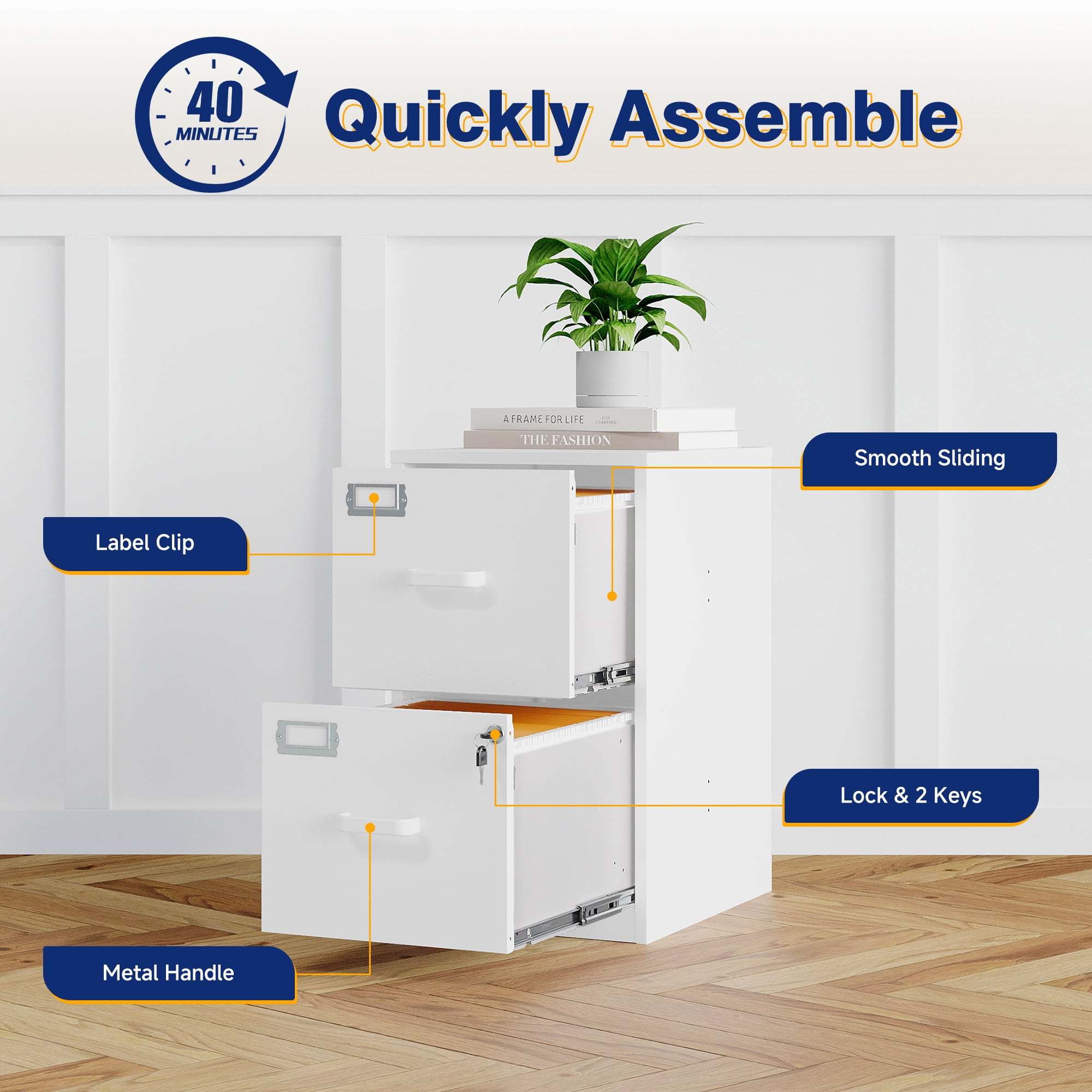 AUHUP Metal File Cabinet with 2 Drawers, Steel Filing Cabinets with Lock for Home Office Legal/Letter/A4 File, White, Assembly Required
