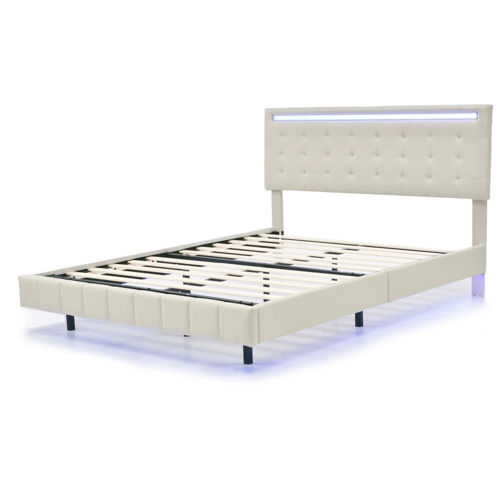Queen Size Floating Bed Frame with LED Lights and USB Charging Station, Modern Platform Bed with Headboard,Wood Slats Support,No Box Spring Needed,Beige+Linen