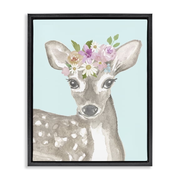 Stupell Industries Cottage Floral Deer on Blue Black Floating Frame Canvas Art, 17 x 21, by Corinne Haig