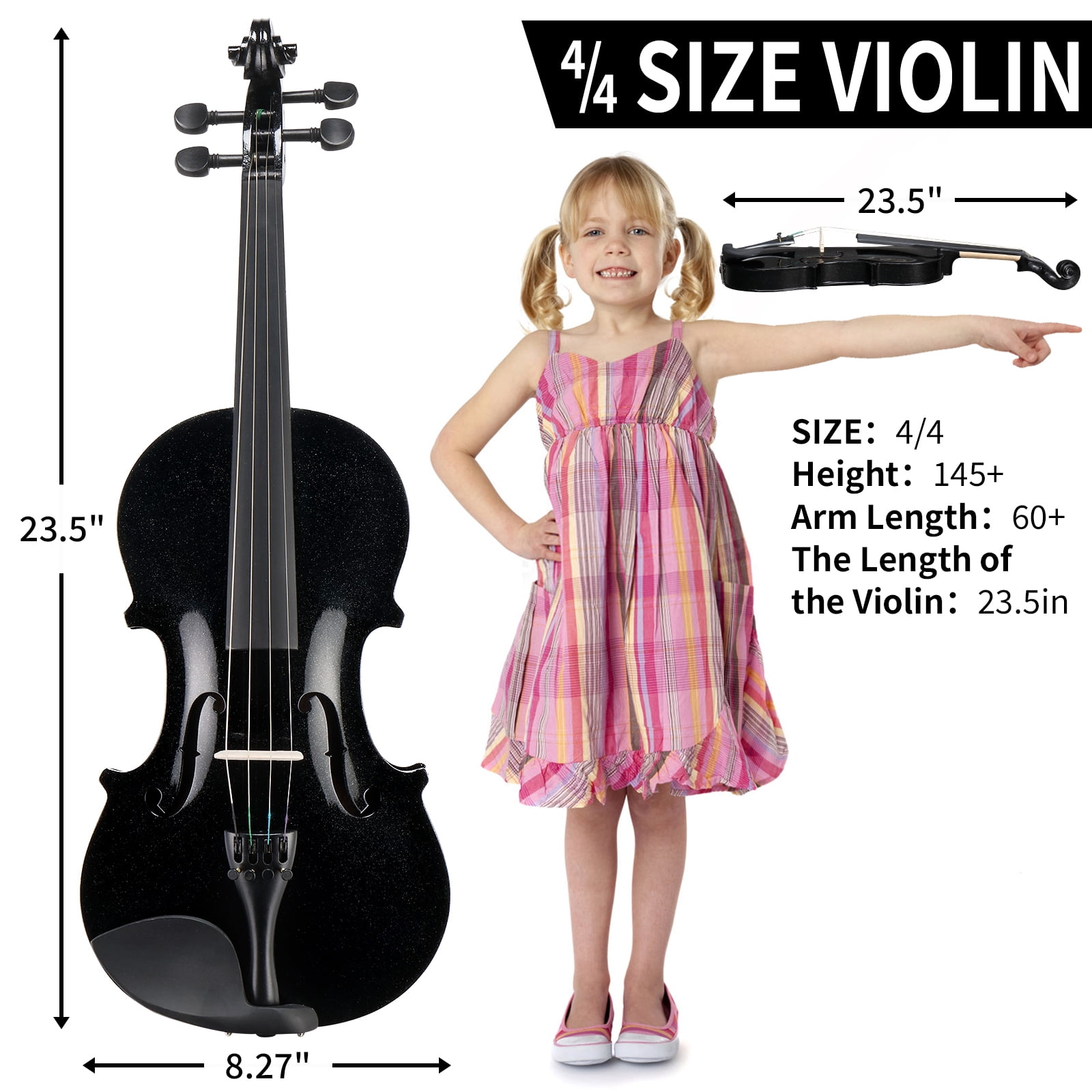 Tcbosik Violin Set, 4/4 Full Size Fiddle Kit with Hard Case, Violin Bow, Shoulder Rest, Rosin,Extra Strings and Sordine for Adults Beginners Students, Black