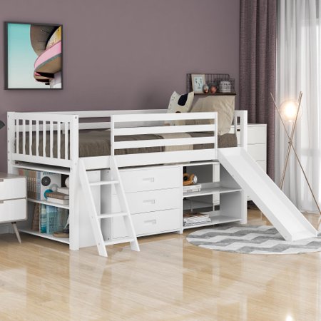 Twin Low Loft Bed with Attached Bookcases and Separate 3-Tier Drawers  Convertible Ladder and Slide  Spaece Saving Design for Kids Teens  White