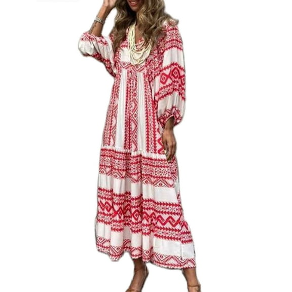 Women Casual Maxi Dress Bohemian Floral V Neck Puff Short Sleeve Beach Tiered Sundress Long Swing Dress