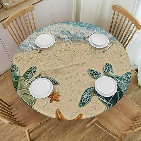 

Patifu Beach Sea Turtles Starfish Round Table Cover Stain Resistant Washable Indoor Outdoor Tablecloth Kitchen Dining Wedding Parties 100% Polyester Waterproof Fabric 46 -50