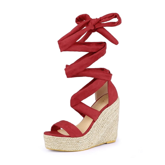BLISSFUL STEP Sandales pour Femmes en Faux Suède à Plateforme Compensée à Lacets à Bout Ouvert Rouge 10