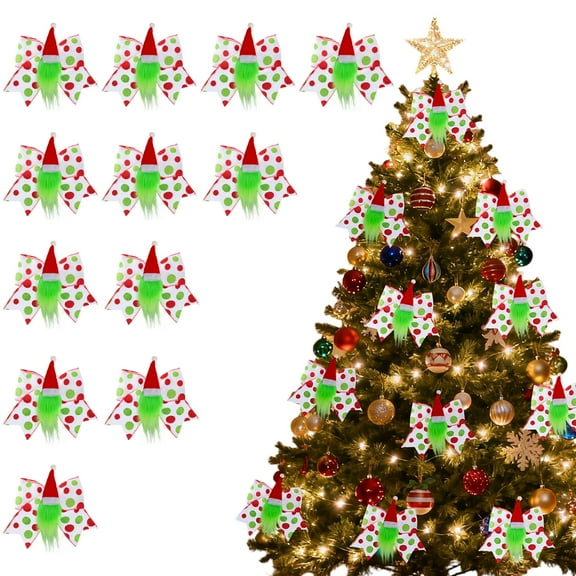 BTIZTLLA Christmas Bows Red Green Polka Dot Velvet Fluffy Ornaments for Christmas Tree Decoration 12 Pack