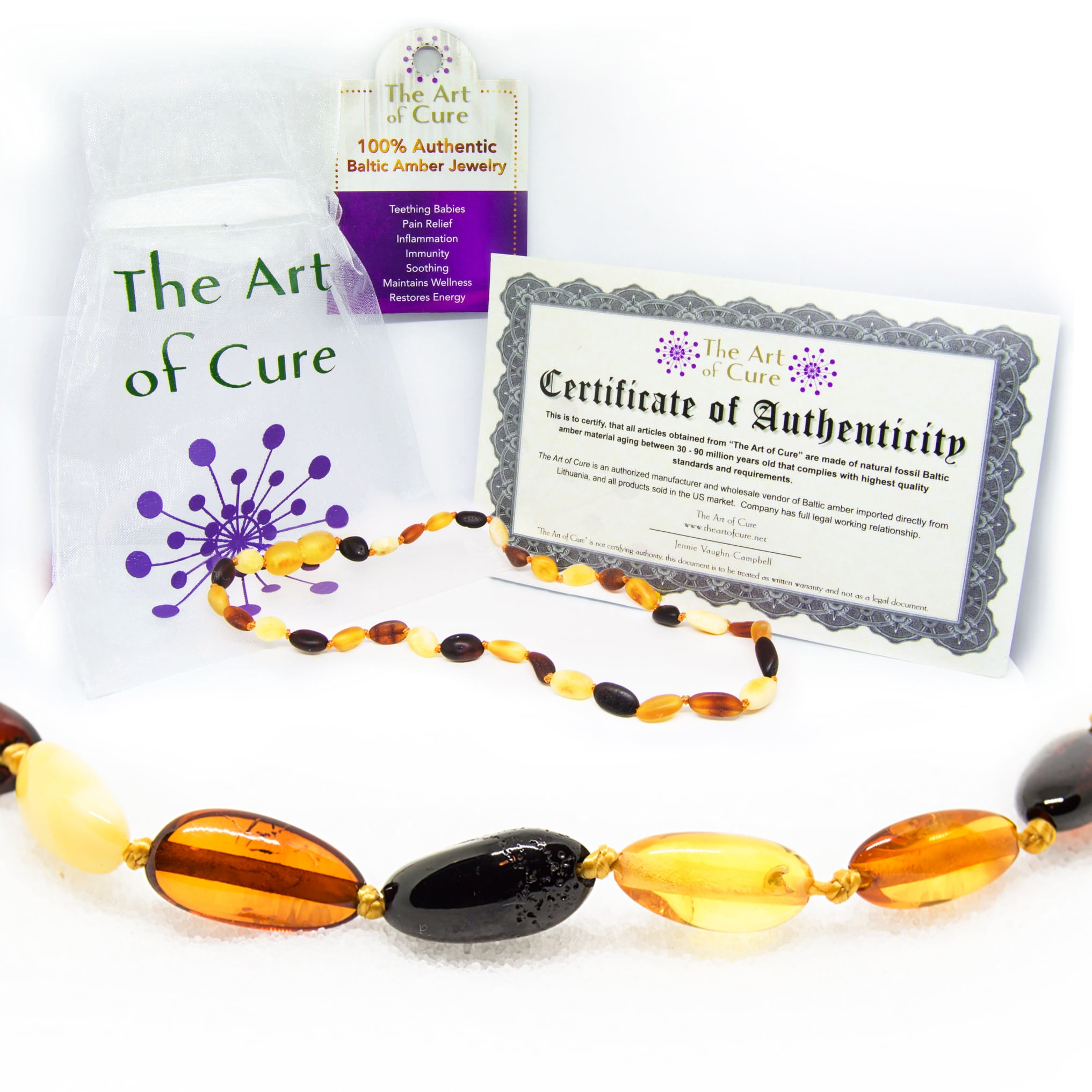 The Art of Cure Original Baltic Amber Necklace- Polished Handmade (Multicolored Bean) for boy or girl ? 12 - 12.5 Inches size