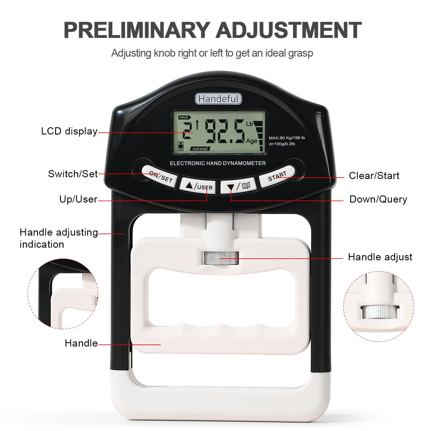 Handeful Grip Strength Tester Trainer - Dynamometer Handgrip Measurer Meter, Handheld Strengthener Exerciser for Sports, School, and Home Use (198Lbs / 90Kgs)