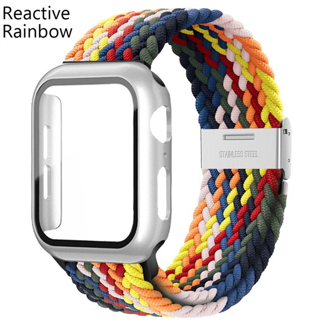 LEIXIUER Nylon Band for Apple Watch Bands with Case 45mm 41mm, Adjustable Braided Solo Loop with Glass Screen Protector Case ,Soft Wristband Stretch Nylon Elastic Strap for Apple Watch Series 7 45 mm
