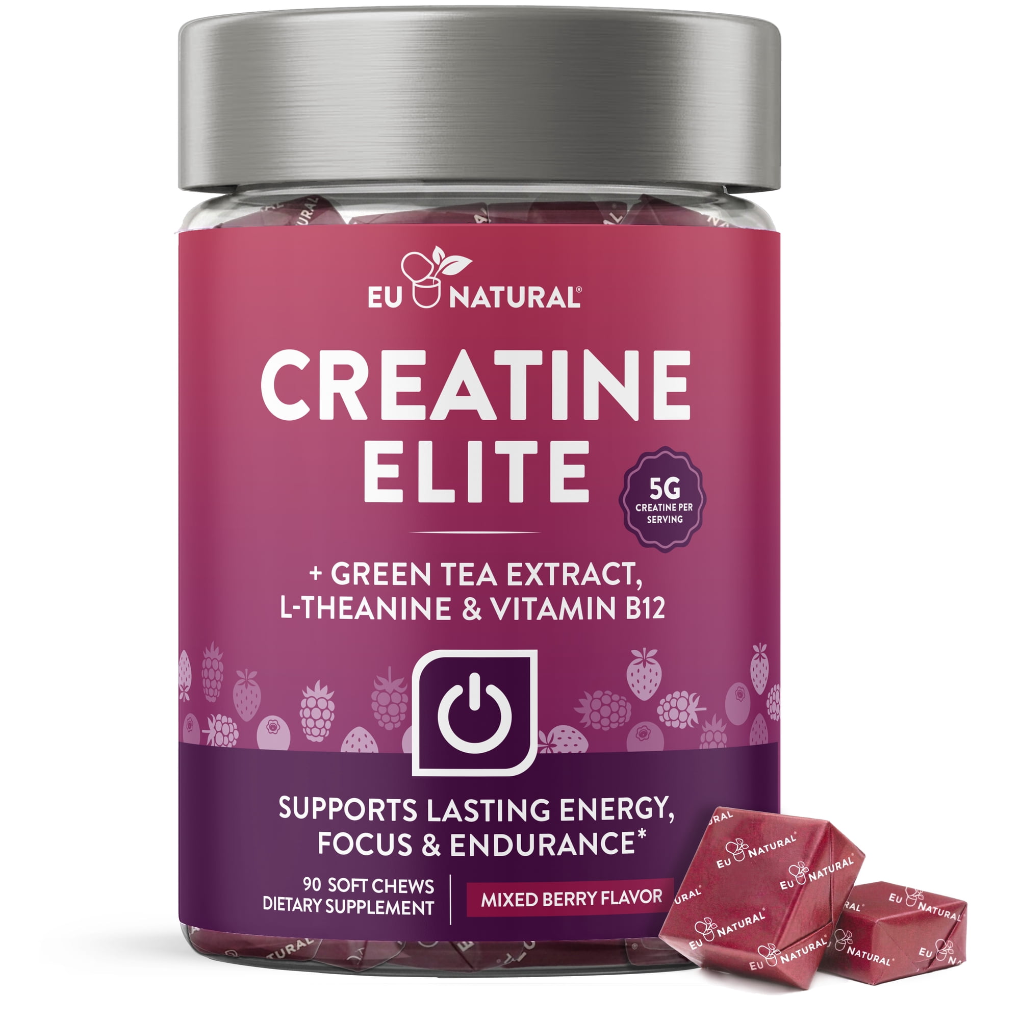 Eu Natural Creatine Elite Soft Chews - Performance for Body & Mind, Mixed Berry Flavor, 90ct