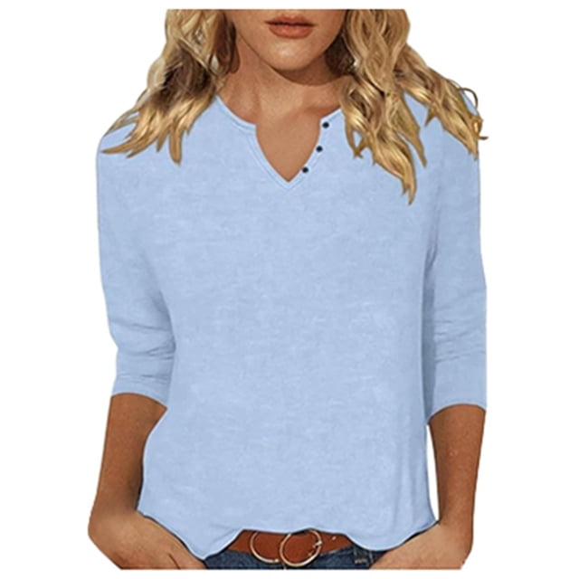 T-shirt à Manches Courtes pour Femmes, Couleur Unie, Mode Décontractée, Boutons, Manches Longues, Col Léger
