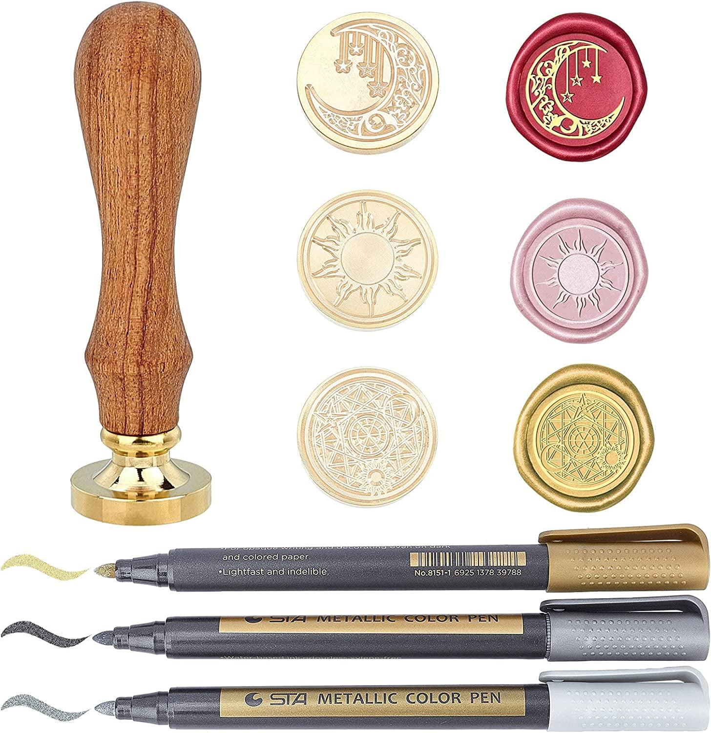 Sun Moon Wax Seal Stamp Set 3pcs Sealing Wax Stamp Heads 1pc Wood Handle  Hilt and 3pcs Pens for Valentine's Day Mother's Day Letter Envelope  Invitation Wine Packages Gift Decoration 