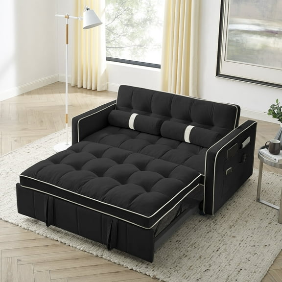 Muumblus 55" Pull Out Sofa Bed - Tufted Velvet Convertible Loveseat Sleeper Sofa Couch for Living Room, Black