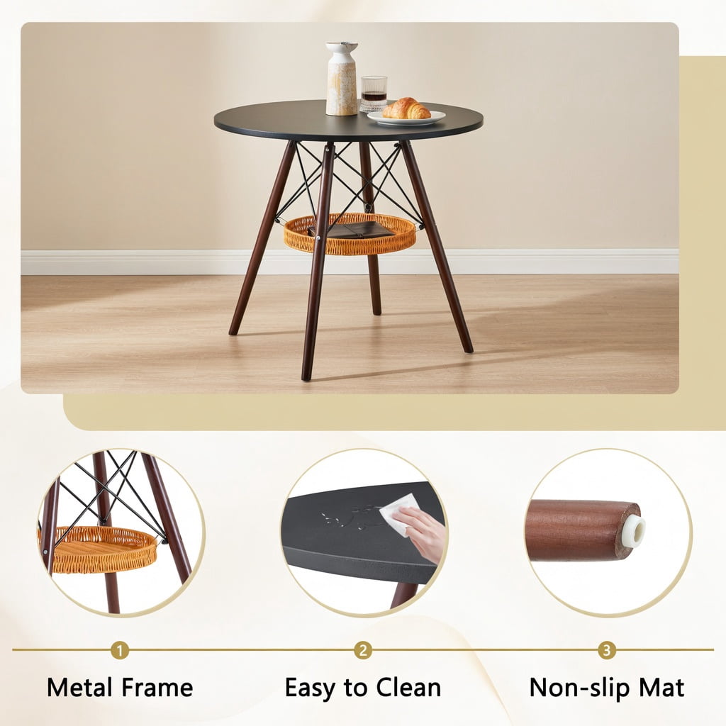 Hommoo 31.5-inch Round Dining Table with Walnut Solid Wood Legs, MDF Vacuum-Formed Top & Hanging Woven Storage Basket, Modern Scandinavian Coffee Table for Small Spaces, Black