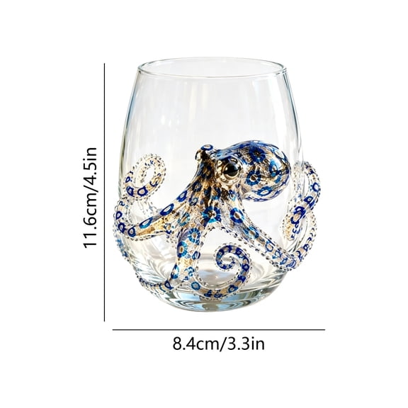 Stemless Wine Glass - Hand - Finished Nautical Glassware With Curl Print, Solid Base, Ocean - Themed Tumbler For Wine, Cocktails, Water,Blue
