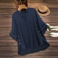thumbnail image 3 of HomeDM Women's 3/4 Sleeve V-Neck T Shirts, Summer Solid Color Loose Fit Button Down Side Split Pullover Tops - Navy/L, 3 of 5