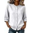 thumbnail image 2 of Ayolanni 3/4 Sleeve Shirts for Women Cotton Linen Solid Scoop Neck Button Down Blouse Textured Oversized Pockets Tees Womens Summer Tops White M, 2 of 7