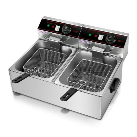 3400W Dual Tank Electric Deep Fryer, 12.8QT Stainless Steel Countertop Fryer with Baskets & Lid, Commercial/Home Use, Temperature Control 160-375°F, 2 Tanks for Restaurant & Family