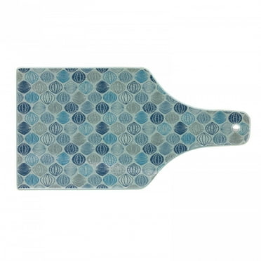 Grey Blue Cutting Board, Round Shapes with Swirls Scale and Stripes Ornamental Motifs, Decorative Tempered Glass Cutting and Serving Board, Wine Bottle Shape, Grey Pale Blue Navy Blue, by Ambesonne