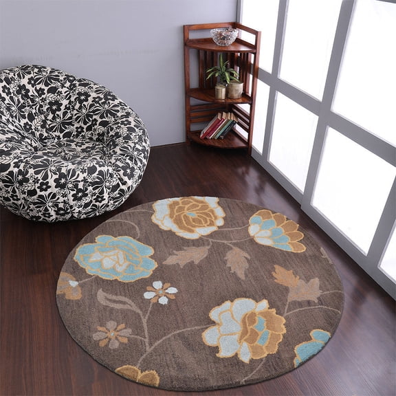 Rugsotic Carpets Hand Tufted Wool Eco-Friendly 10'x10' Area Rugs Round Brown Floral Modern High Pile Thick Handmade Anti Skid Indoor Rug for Living Room, Bedroom K00518