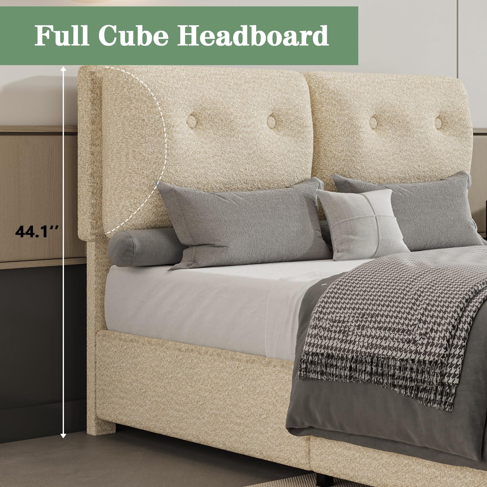 4 EVER WINNER Queen Bed Frame, Queen Size Bed Frame with Headboard, Boucle Bed Frame with Removable Pillow Upholstery, No Box Spring Required, Easy Assembly, Cream