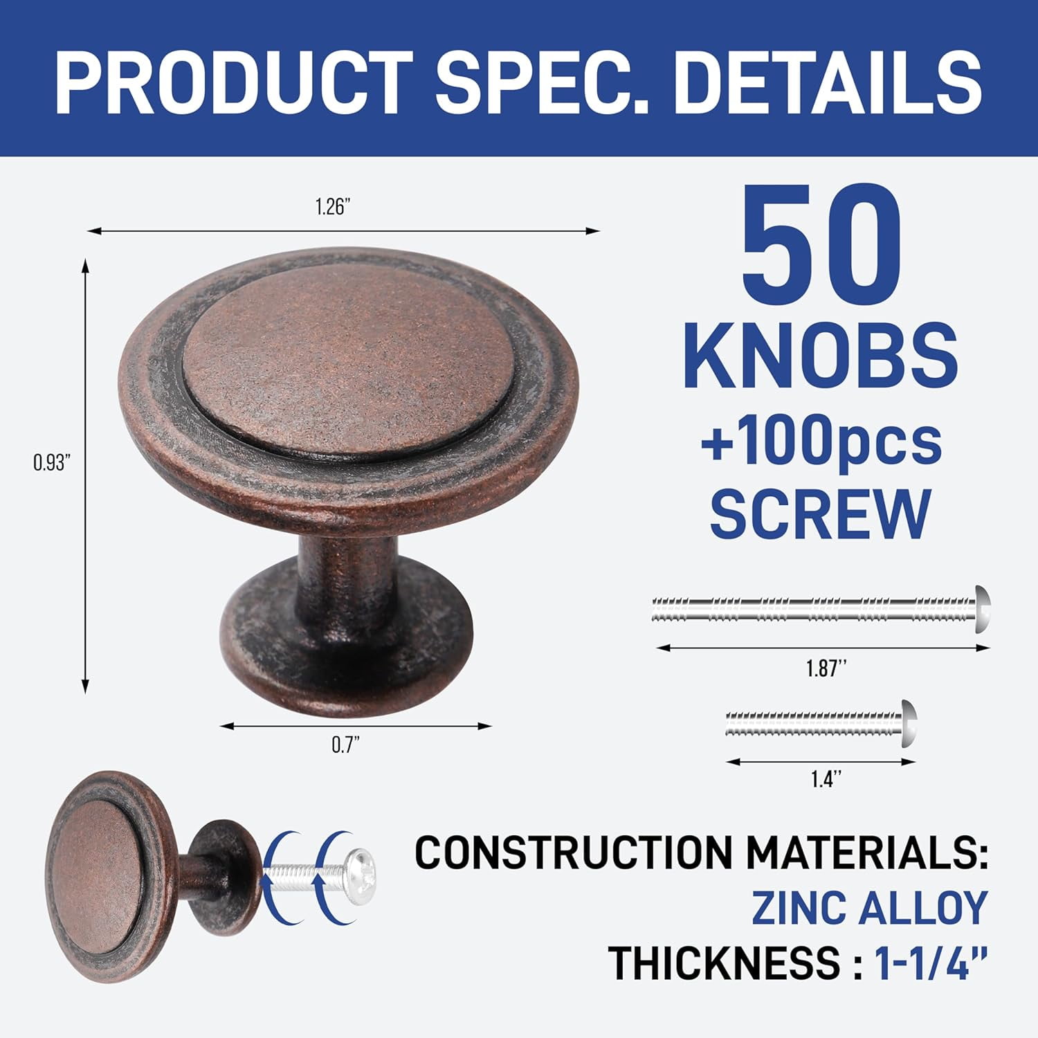 50pcs Matte Black Cabinet Knobs – 1-1/4” Modern Drawer Pulls, Durable Zinc Alloy Handles with Short & Adjustable Screws for Kitchen, Dresser, Cabinets