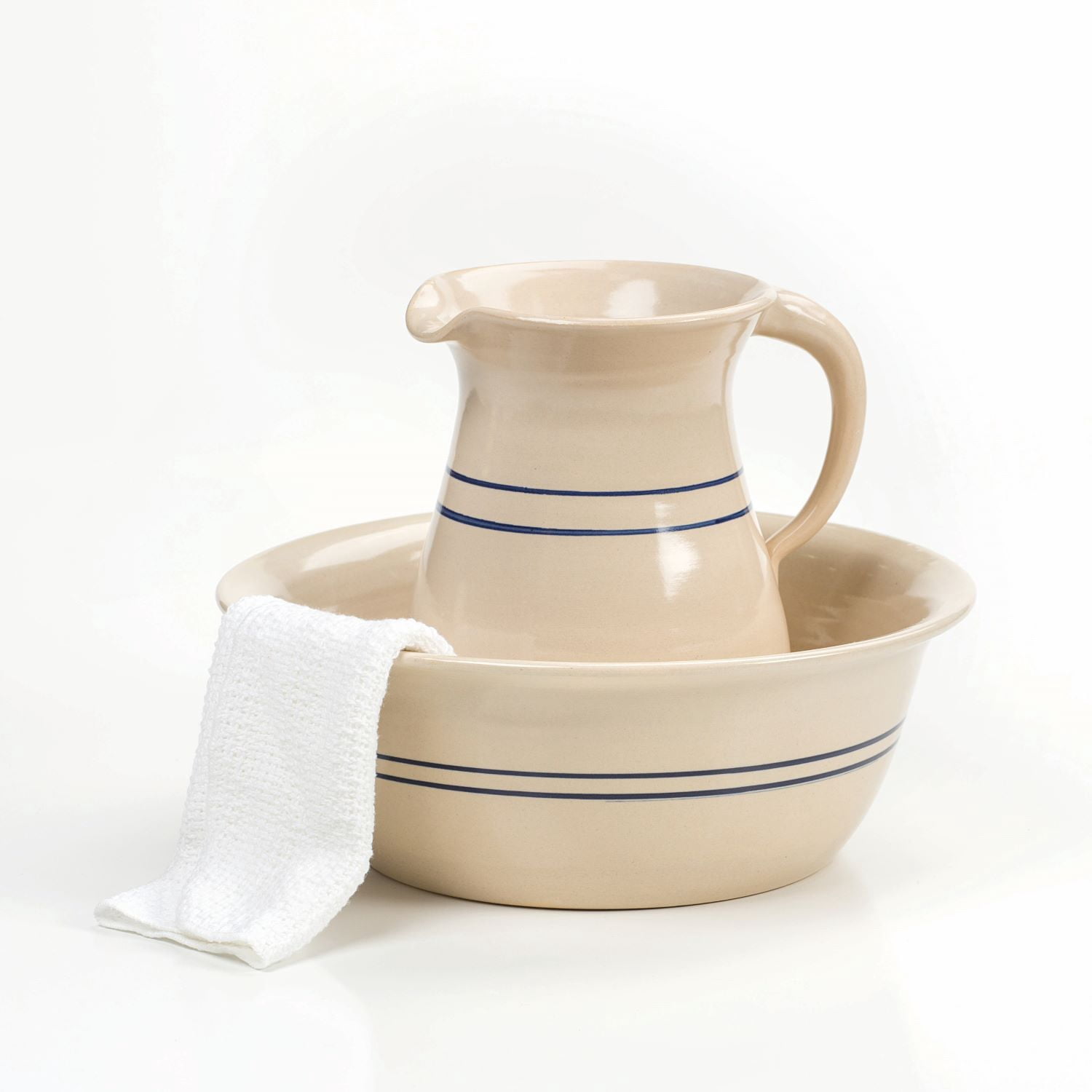 Martinez Pottery Heritage Blue Stripe Stoneware Wash Basin and Pitcher Set