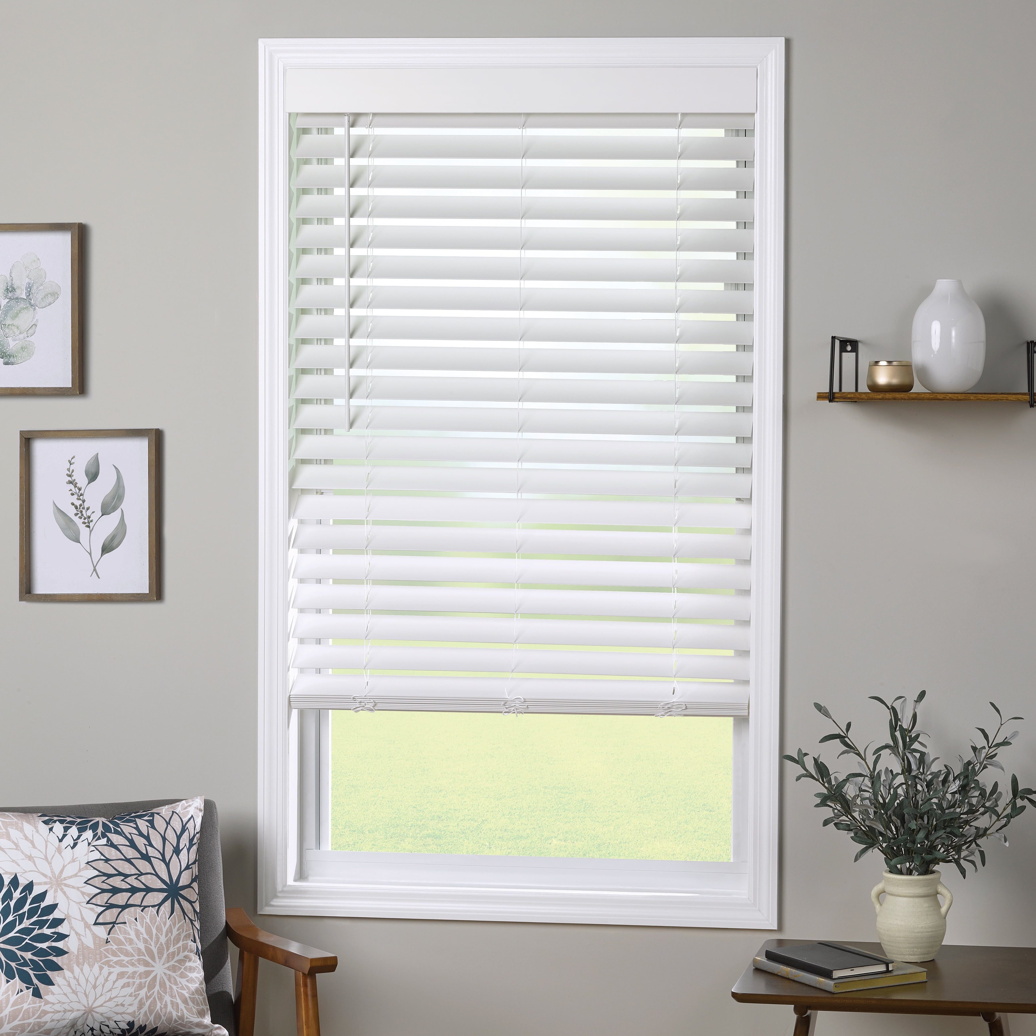 Coverscaped 2.5" Cordless Faux Wood Smooth White Blinds with 3.25" Smooth Valance, 53.5 x 48