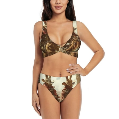Zeuib Western Rabbit Cowboy High Waisted Tummy Control Bikini Set - Knot Front Push Up Top & Cheeky Thong Bottom  Two-Piece Swimsuit for Women-Small