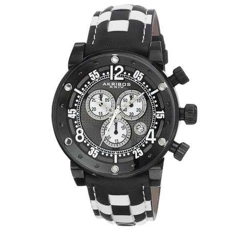 Akribos XXIV Men's Quartz Chronograph Checkered Leather Black Strap Watch