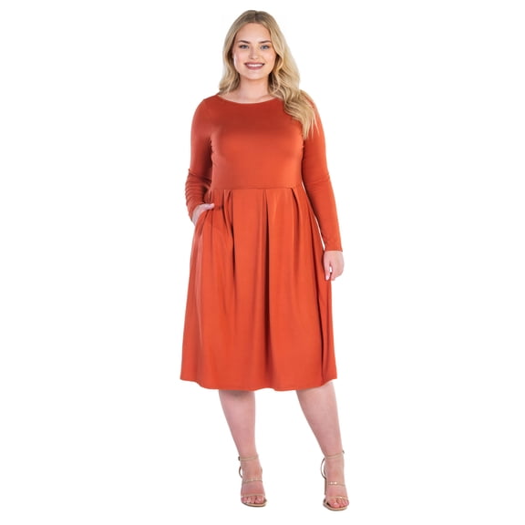 Plus Size Long Sleeve Pleated Fit N Flare Midi Dress