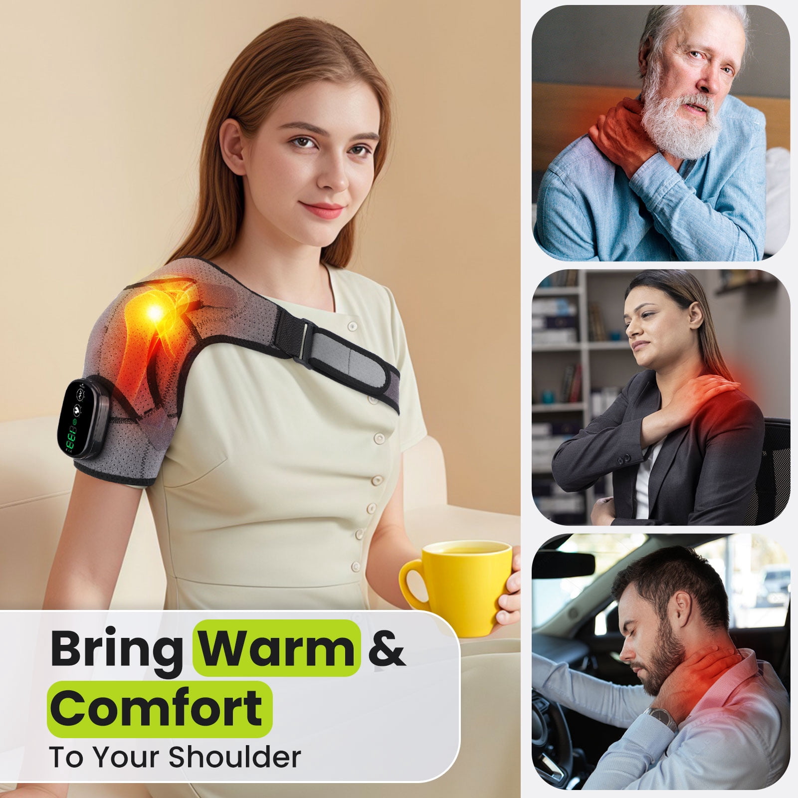 Massager Shoulder Pad with Heat & Vibration - 3 Heat Levels, 3 Massage Speeds, 5000mAh Battery, Digital Display, Portable for Home/Office/Travel - Gray & Black