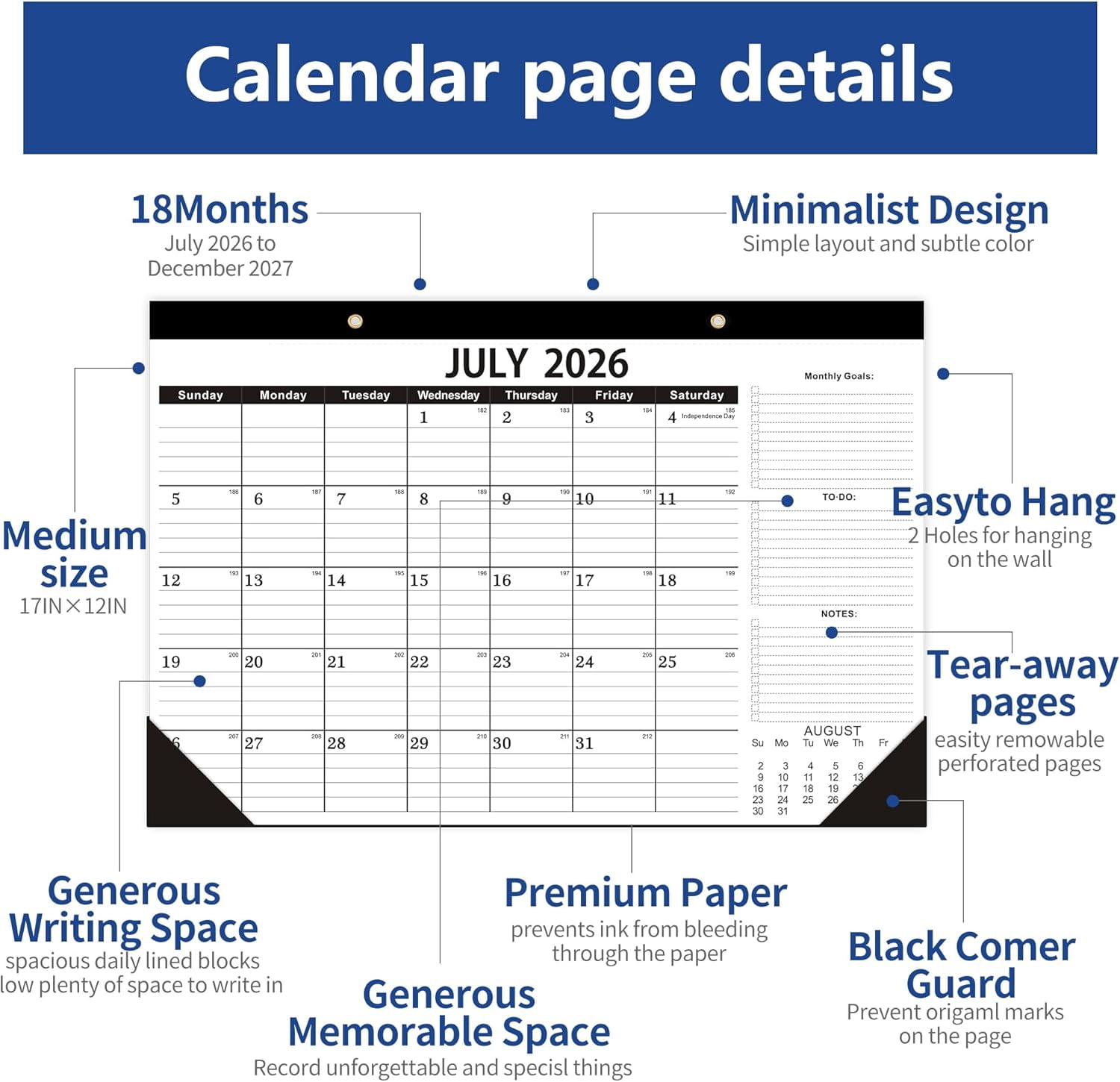 Desk Calendar 2026-2027,July 2026 to December 2027, Desk calendar 2026-2027 with to-do list,2027 Calendar 18 Months,Calendar 2026-2027-17" x 12" for Home or Office.
