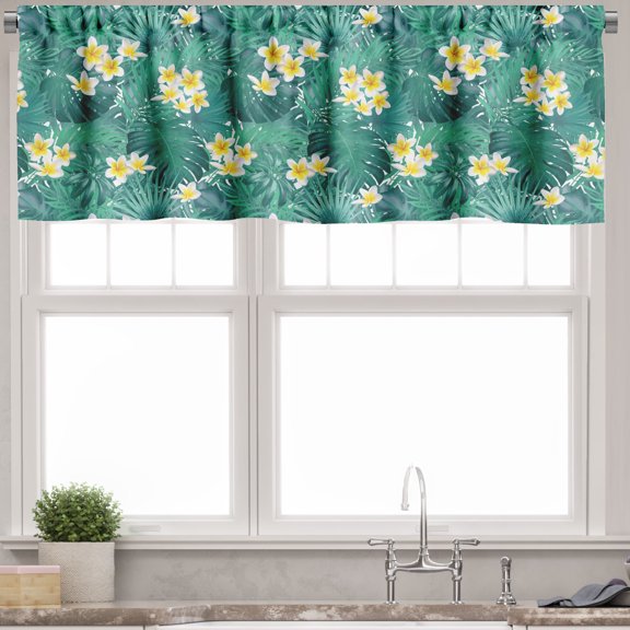 Ambesonne Exotic Valance Pack of 2, Plumeria Palm Leaves Art, 54"X12", Sea Green Yellow
