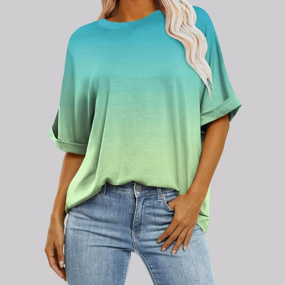 Fnooota Womens T Shirts, Short Sleeve Crew Neck Gradient Print Casual Summer Tops Mint Green Size L