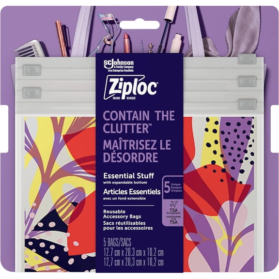 Ziploc Brand Boho Collection Essential Stuff Accessory Bags, 5 Bags